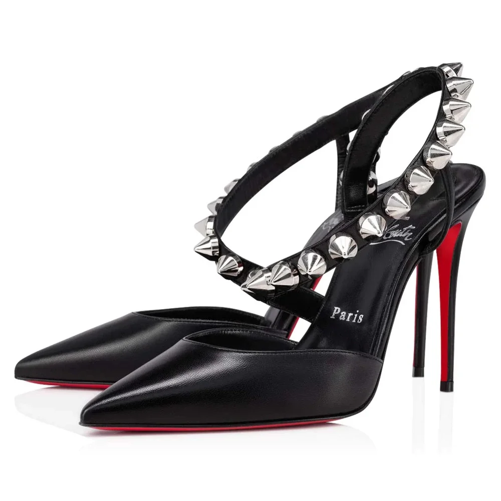Christian Louboutin Spikita Pump 100 Black Silver Spike Strappy Sandal Heel 39 - Picture 1 of 12